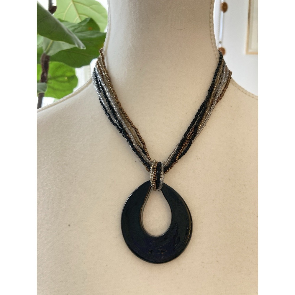 Multi Strand Seed Bead Necklace Black Teardrop‎ Pendant Boho Statement Artsy